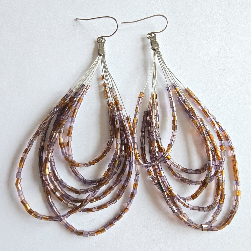 Beaded earrings purple lavender orange silver tone big boho teardrop boho